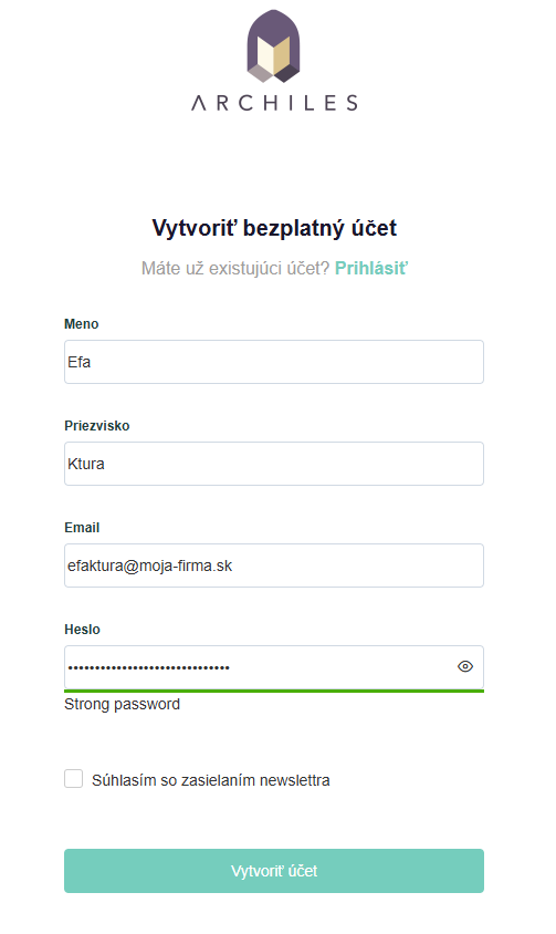 Registračný formulár Archiles s poľami Meno, Priezvisko, E-mail a Heslo