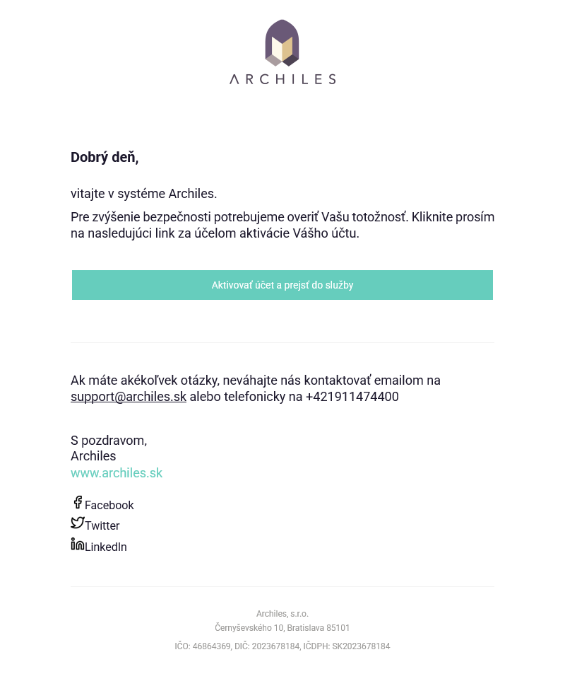 E-mail Archiles – Potvrdenie registrácie s tlačidlom Aktivovať účet a prejsť do služby