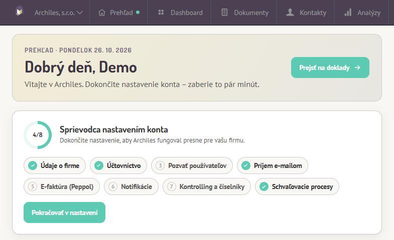 Stránka Prehľad so Sprievodcom nastavením konta a ôsmimi oblasťami nastavenia