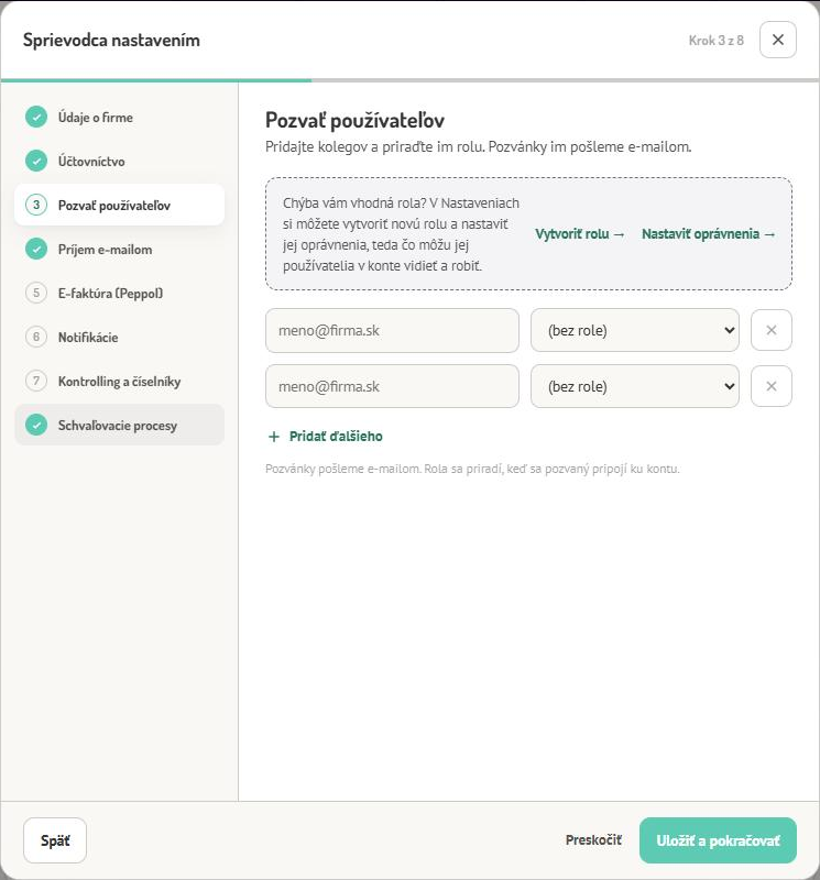 Sprievodca nastavením, krok Pozvať používateľov s poľami pre e-mail a rolu