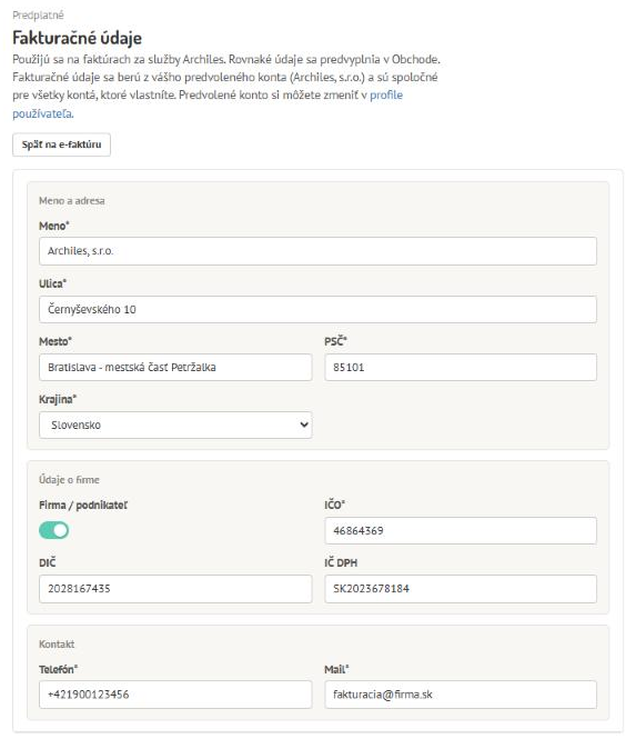 Formulár Predplatné – Fakturačné údaje s menom, adresou, údajmi o firme a kontaktom